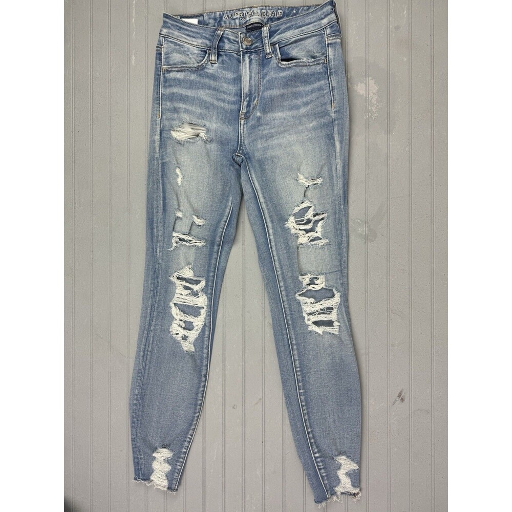 American Eagle Size 25 Womens Jean Jegging High Rise Distress Raw Hem Light Wash